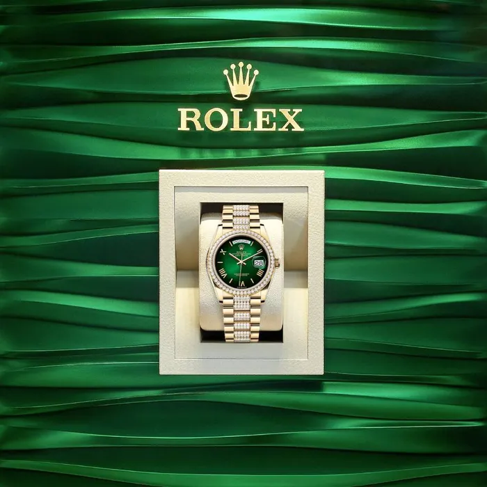 Rolex Bracelets 2024 Release Rolex DayDate 36mm Ref 128348rbr0069 Green Ombre Dial Diamond Bezel 18K Yellow Gold diamond Presidential Bracelet Watch