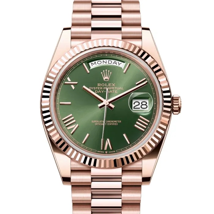 Rolex Bracelets Rolex Day Date 40mm Ref 2282350025 Olive Green Roman Dial Fluted Bezel 18K Rose Gold President Bracelet Mens Watch