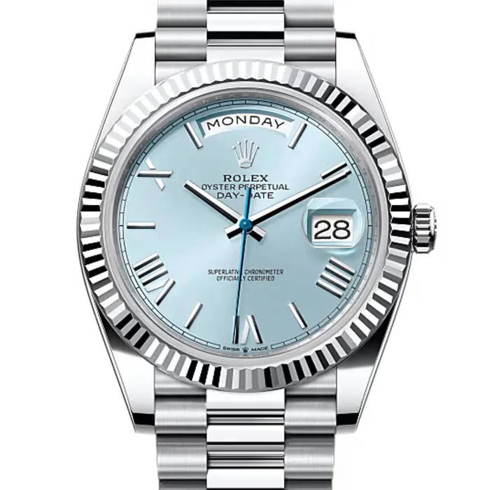 Rolex Day Date 40mm Ref 2282360012 Ice Blue Roman Dial Fluted Bezel Platinum President Bracelet Mens Watch Rolex Bracelets