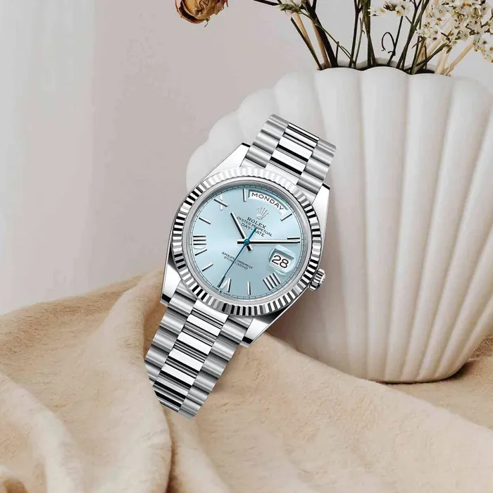Rolex Day Date 40mm Ref 2282360012 Ice Blue Roman Dial Fluted Bezel Platinum President Bracelet Mens Watch Rolex Bracelets