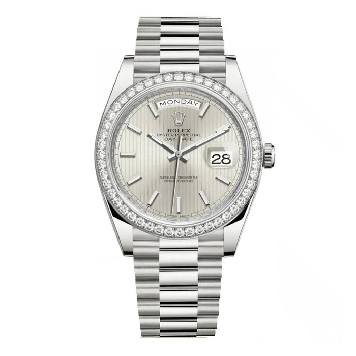 Rolex Day Date 40mm Ref 228349rbr0007 Silver Stripe Motif Stick Dial Diamond Bezel 18K White Gold President Bracelet Mens Watch Rolex Bracelets Rolex Day Date 40mm Ref 228349rbr0007 Silver Stripe Motif Stick Dial Diamond Bezel 18K White Gold President Bracelet Mens Watch Rolex Bracelets