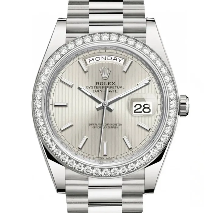 Rolex Day Date 40mm Ref 228349rbr0007 Silver Stripe Motif Stick Dial Diamond Bezel 18K White Gold President Bracelet Mens Watch Rolex Bracelets