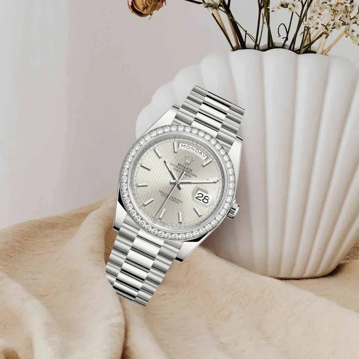 Rolex Day Date 40mm Ref 228349rbr0007 Silver Stripe Motif Stick Dial Diamond Bezel 18K White Gold President Bracelet Mens Watch Rolex Bracelets