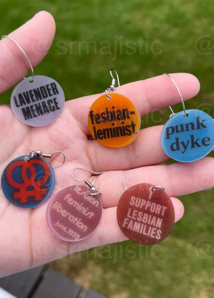Sam Makes Things Earrings READY TO SHIP Vintage Pride Protest Button Design 2D Handmade Earrings Sam Makes Things Earrings READY TO SHIP Vintage Pride Protest Button Design 2D Handmade Earrings