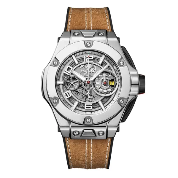 Watches Hublot Hublot Big Bang Ferrari 1000 Gp 45mm Watch Ref 402WX0112VR Skeleton Dial in 18K White Gold Case Brown Leather Strap Watches Hublot Hublot Big Bang Ferrari 1000 Gp 45mm Watch Ref 402WX0112VR Skeleton Dial in 18K White Gold Case Brown Leather Strap