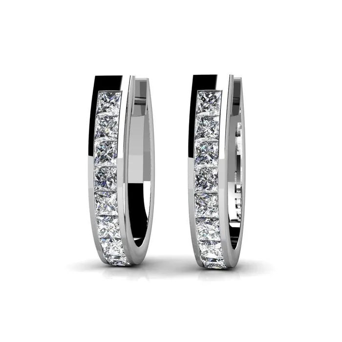 Channel Set 240 Ct Princess Cut Natural Earth Mined Diamonds Hoop Earrings White Gold 14K GB Earrings Channel Set 240 Ct Princess Cut Natural Earth Mined Diamonds Hoop Earrings White Gold 14K GB Earrings