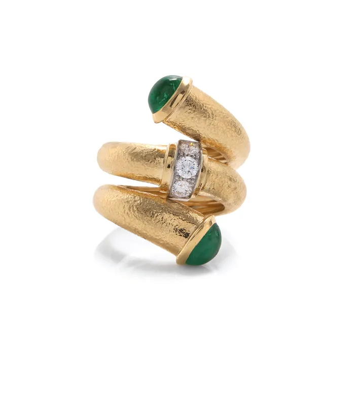 David Webb Rings Emerald Pipe Ring Hammered 18K Gold