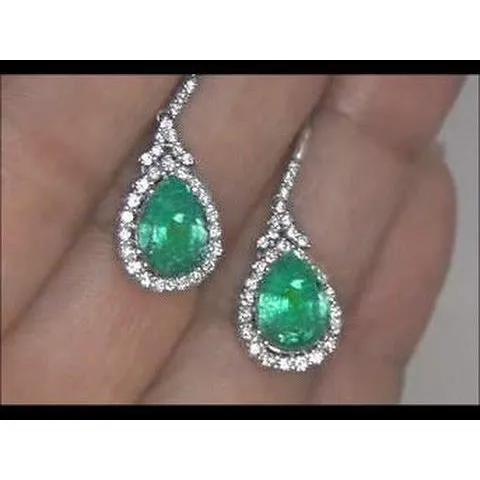 Earrings GB 6 Carats Green Emerald And Natural Earth Mined Diamond Dangle Earrings White Gold 14K Earrings GB 6 Carats Green Emerald And Natural Earth Mined Diamond Dangle Earrings White Gold 14K