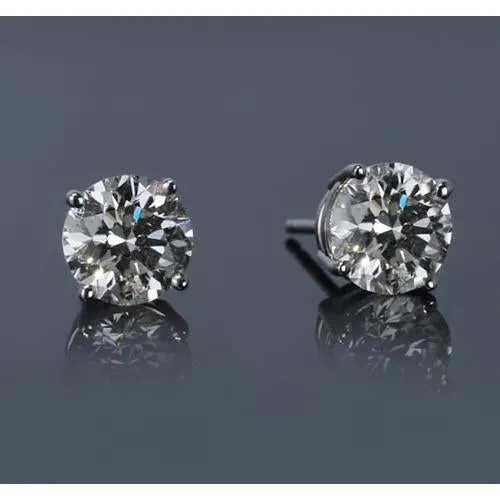 GB Earrings White Gold 14K 2 Carats Four Prong Round Natural Earth Mined Diamond Studs Earring