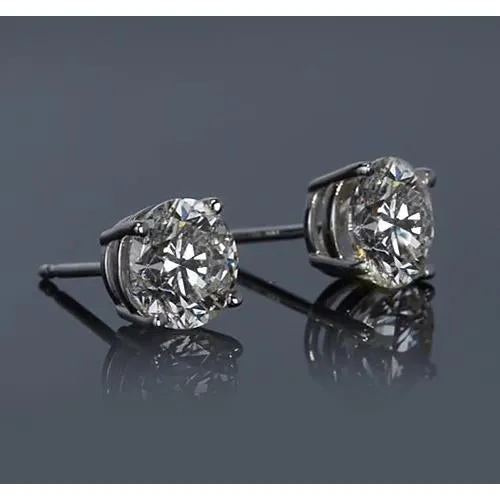 GB Earrings White Gold 14K 2 Carats Four Prong Round Natural Earth Mined Diamond Studs Earring
