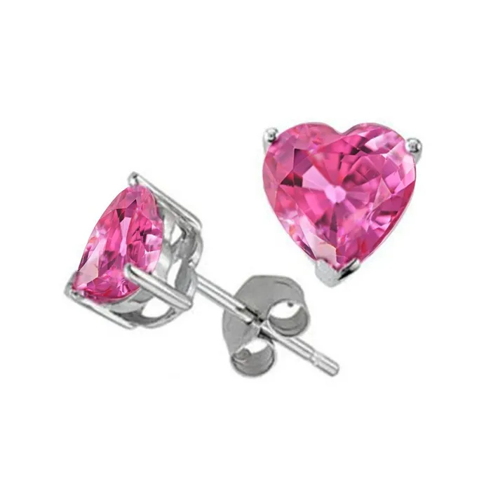 GB Earrings White Gold 14K 3 Ct Heart Shape Pink Sapphire Studs Earrings New GB Earrings White Gold 14K 3 Ct Heart Shape Pink Sapphire Studs Earrings New