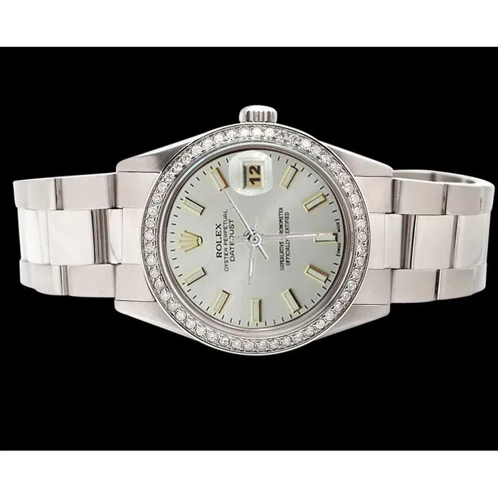 GB Watches Diamond Bezel Ss Oyster White Stick Dial Rolex Datejust Watch QUICK SET
