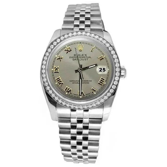 GB Watches Jubilee Rolex Datejust Gray Roman Dial Diamond Bezel Ss Watch QUICK SET