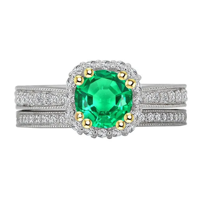 HarryChadEntcom Green Emerald Halo Ladies Ring Set Milgrain Style Rings HarryChadEntcom Green Emerald Halo Ladies Ring Set Milgrain Style Rings