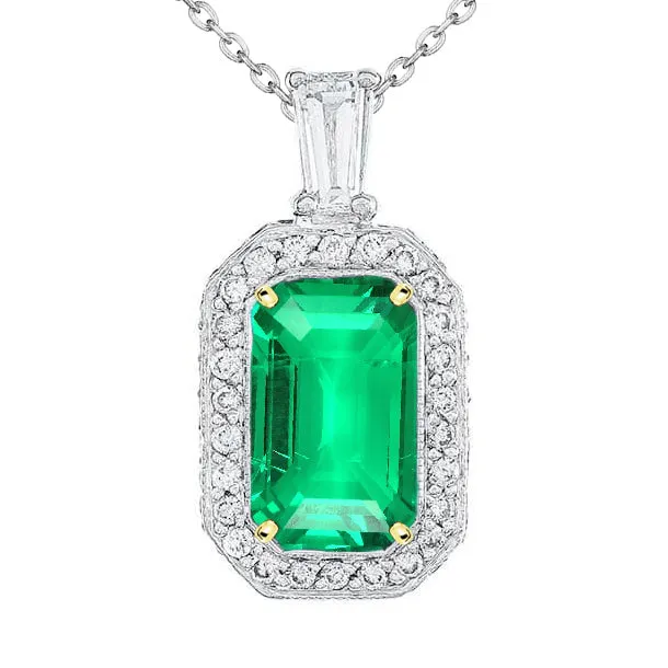 HarryChadEntcom Necklaces Green Emerald Halo Pendant With Baguette And Round Real Diamonds HarryChadEntcom Necklaces Green Emerald Halo Pendant With Baguette And Round Real Diamonds