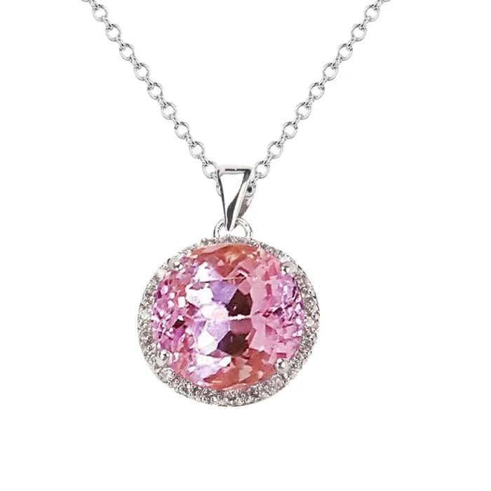 Necklaces GB Round 3625 Carats Pink Kunzite With Natural Earth Mined Diamonds Pendant White Gold 14K Necklaces GB Round 3625 Carats Pink Kunzite With Natural Earth Mined Diamonds Pendant White Gold 14K