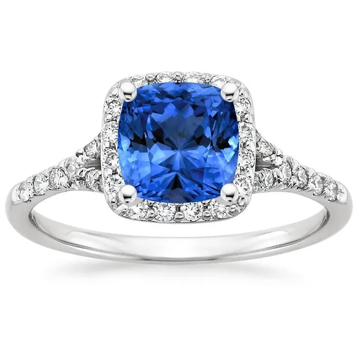 Rings GB 410 Ct Cushion Sri Lankan Sapphire And Round Natural Earth Mined Diamonds Ring White Gold Rings GB 410 Ct Cushion Sri Lankan Sapphire And Round Natural Earth Mined Diamonds Ring White Gold