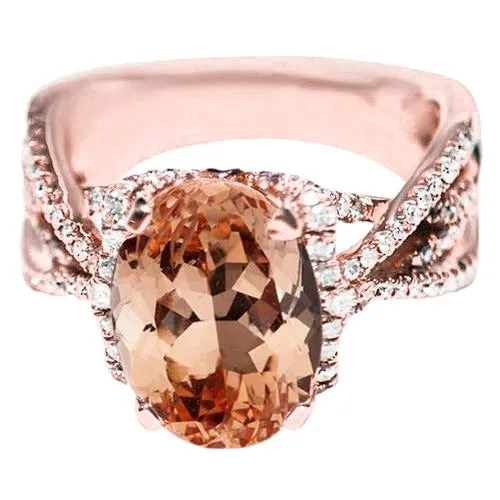 Rings GB Oval And Round 925 Ct Morganite With Natural Earth Mined Diamonds Ring Gold 14K Rings GB Oval And Round 925 Ct Morganite With Natural Earth Mined Diamonds Ring Gold 14K