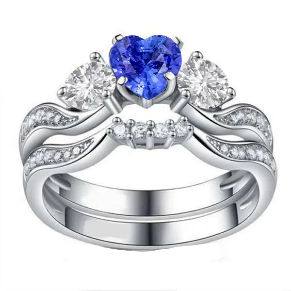 Rings HarryChadEntcom 3 Stone Wedding Ring Set Heart Blue Sapphire Round Natural Earth Mined Diamonds 3 Carats Rings HarryChadEntcom 3 Stone Wedding Ring Set Heart Blue Sapphire Round Natural Earth Mined Diamonds 3 Carats