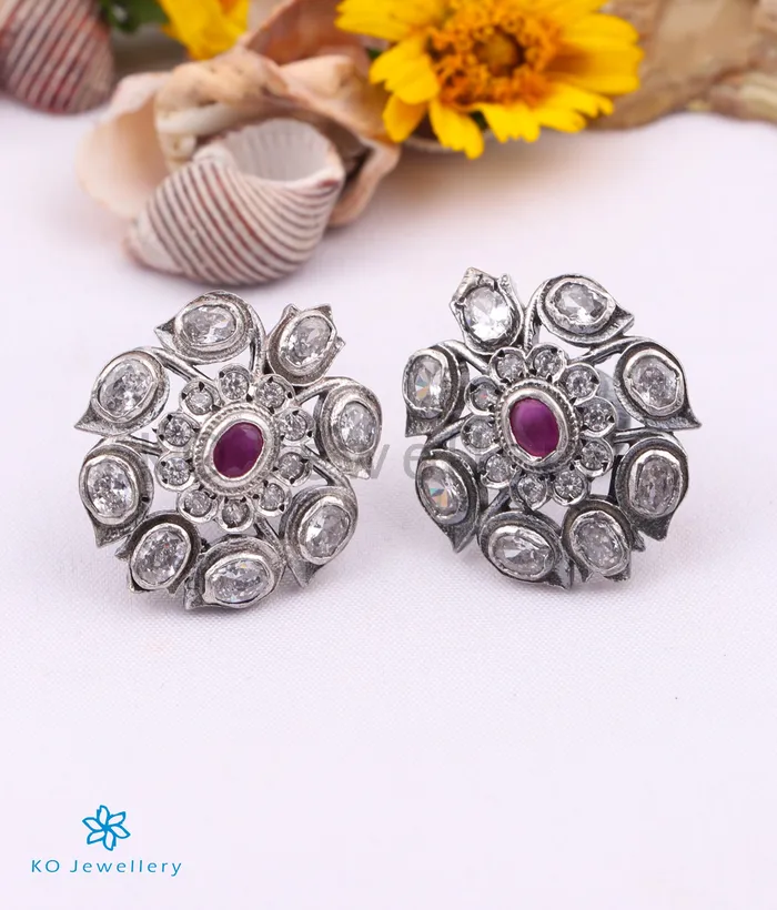 Silversmith Earrings The Abhijita Silver Navratna Earstuds WhiteOxidised