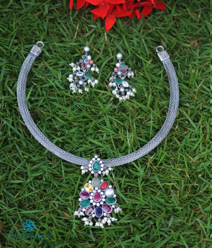 Silversmith Necklaces The Aarna Silver Navratna Pendant PearlOxidised