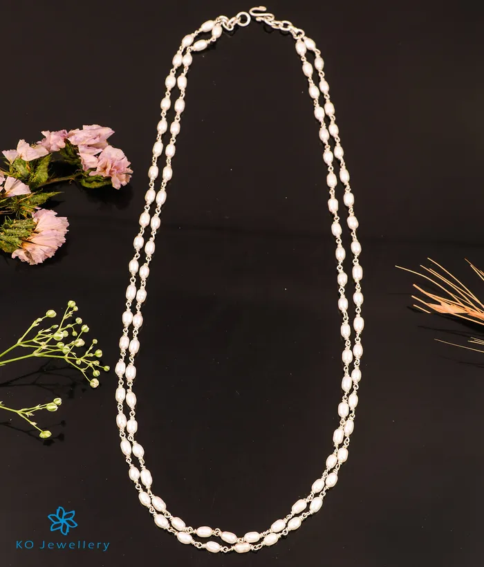 Silversmith Necklaces The Samudra Silver Pearl Chain Long Pearls2 layersBright Silver