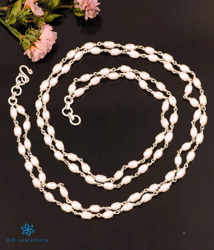 Silversmith Necklaces The Samudra Silver Pearl Chain Long Pearls2 layersBright Silver