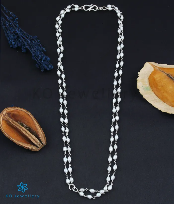 Silversmith Necklaces The Samudra Silver Pearl Chain Long Pearls2 layersBright Silver