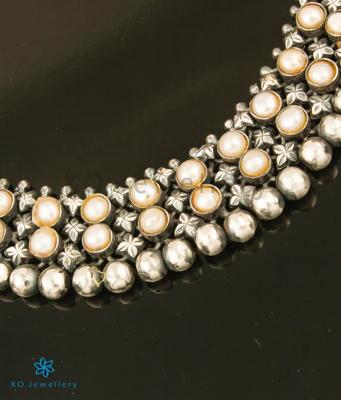 Silversmith The Adhanika Antique Silver Pearl Necklace Oxidised Necklaces
