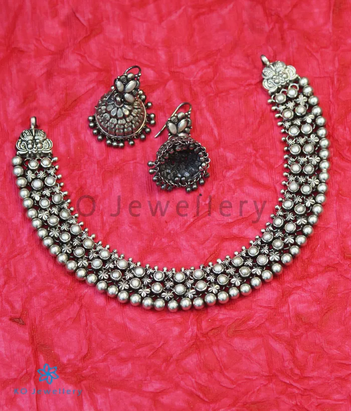 Silversmith The Adhanika Antique Silver Pearl Necklace Oxidised Necklaces