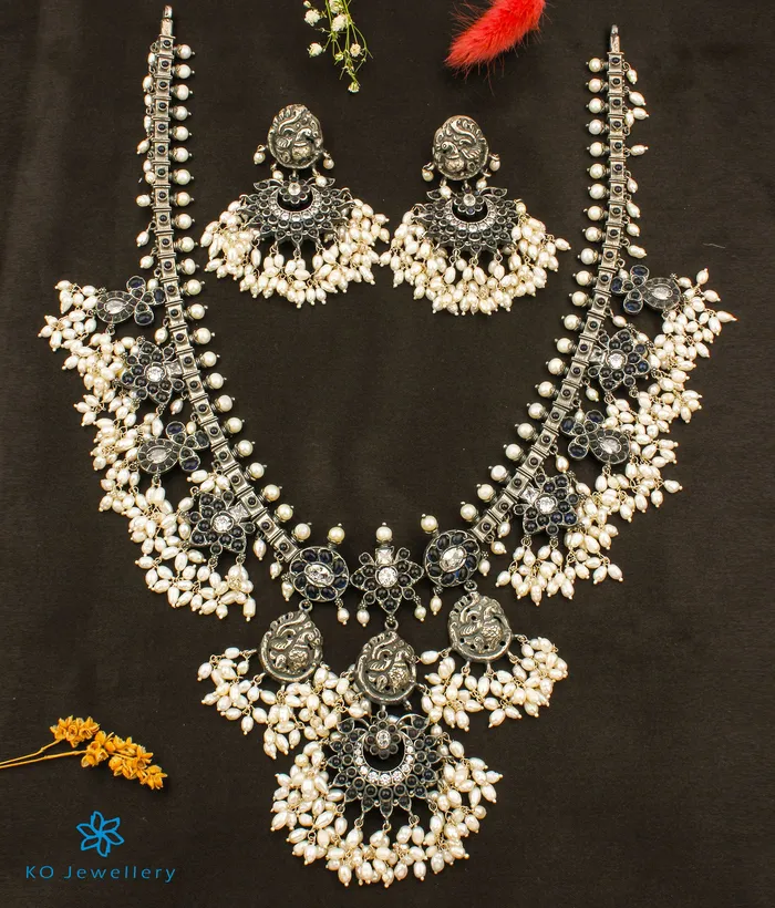 Silversmith The Marala Silver Guttapusalu Necklace OxidisedBlueRice Pearl Necklaces