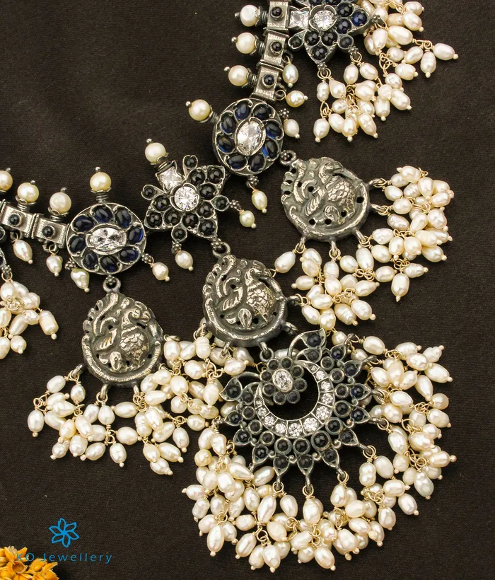 Silversmith The Marala Silver Guttapusalu Necklace OxidisedBlueRice Pearl Necklaces