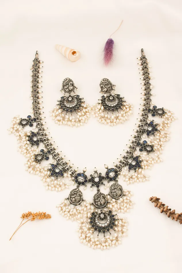 Silversmith The Marala Silver Guttapusalu Necklace OxidisedBlueRice Pearl Necklaces