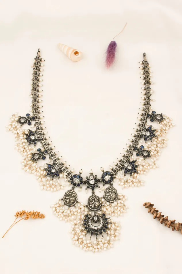 Silversmith The Marala Silver Guttapusalu Necklace OxidisedBlueRice Pearl Necklaces
