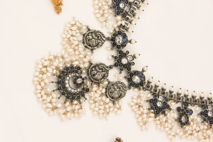 Silversmith The Marala Silver Guttapusalu Necklace OxidisedBlueRice Pearl Necklaces