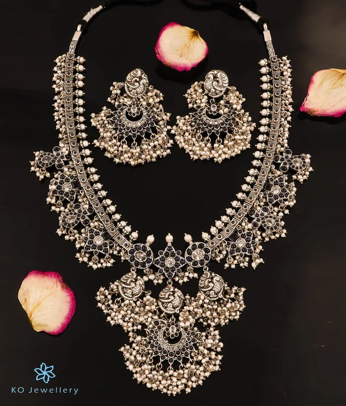 Silversmith The Marala Silver Guttapusalu Necklace OxidisedBlueRice Pearl Necklaces