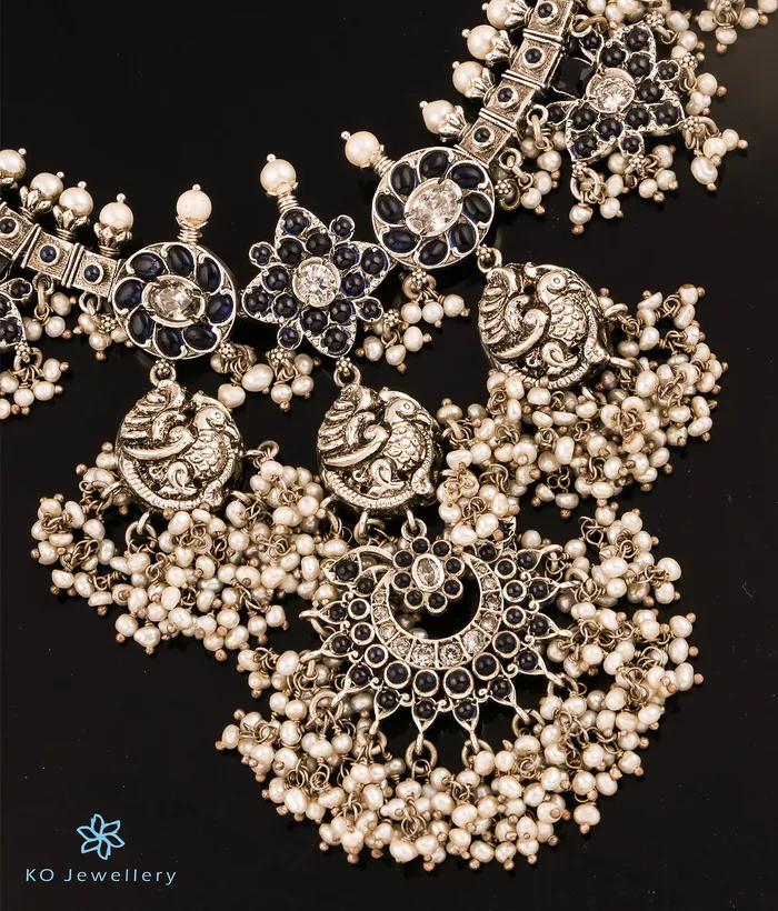 Silversmith The Marala Silver Guttapusalu Necklace OxidisedBlueRice Pearl Necklaces