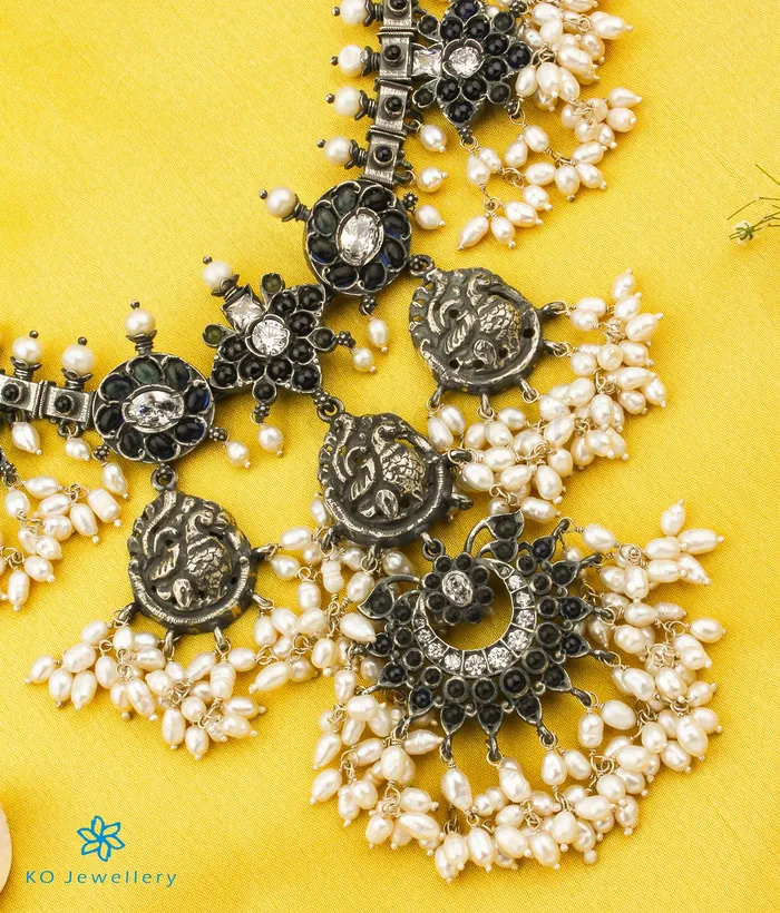 Silversmith The Marala Silver Guttapusalu Necklace OxidisedBlueRice Pearl Necklaces