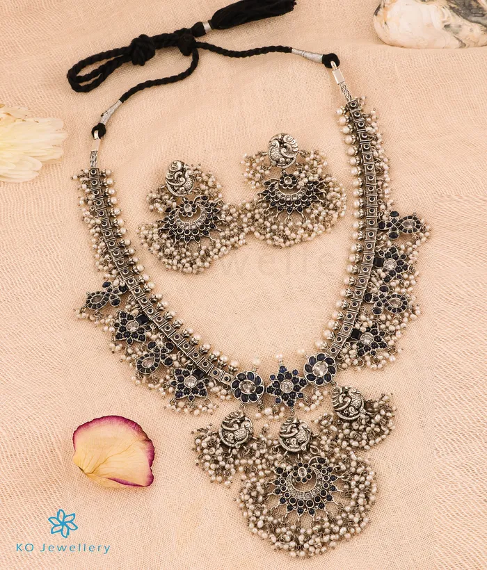 Silversmith The Marala Silver Guttapusalu Necklace OxidisedBlueRice Pearl Necklaces