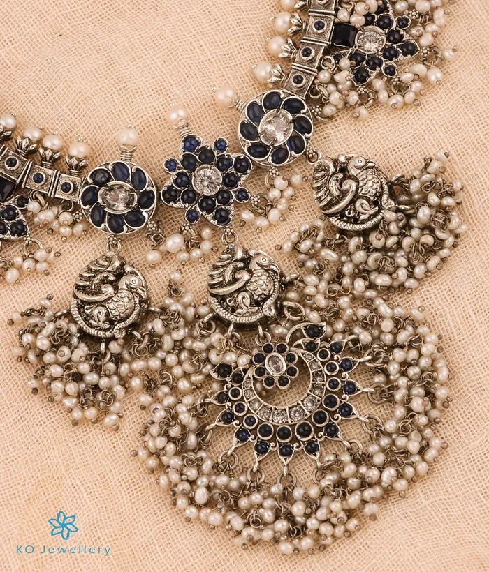 Silversmith The Marala Silver Guttapusalu Necklace OxidisedBlueRice Pearl Necklaces