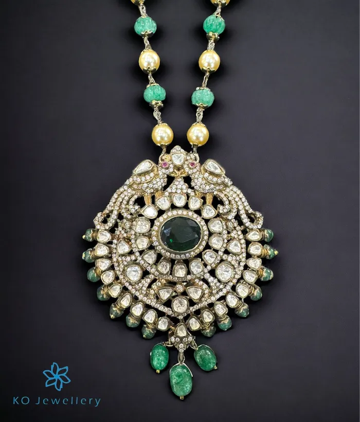 The Aalia Silver Victorian Pearl Peacock Necklace Kundan Necklaces