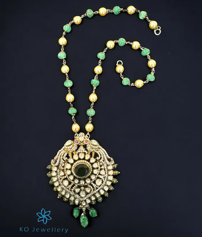 The Aalia Silver Victorian Pearl Peacock Necklace Kundan Necklaces