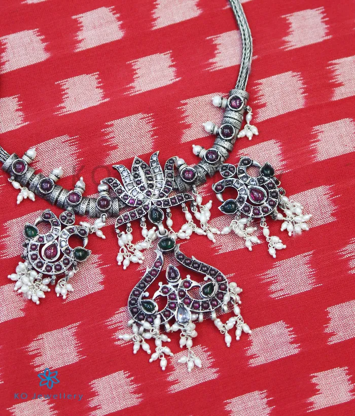 The Utpala Silver Peacock Kempu Necklace Silversmith Necklaces