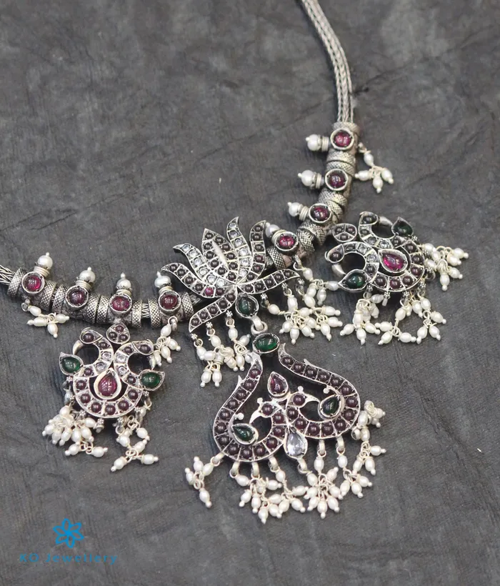 The Utpala Silver Peacock Kempu Necklace Silversmith Necklaces