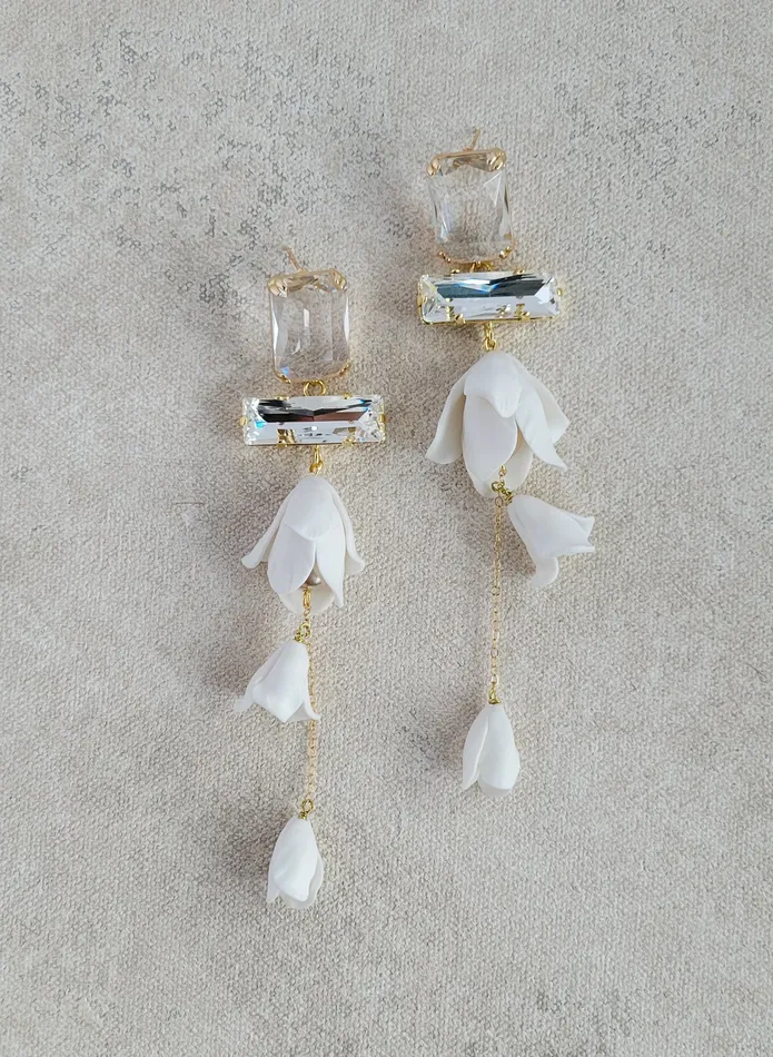 twigs honey Baguette crystal and flower earrings long Style 2566 Earrings