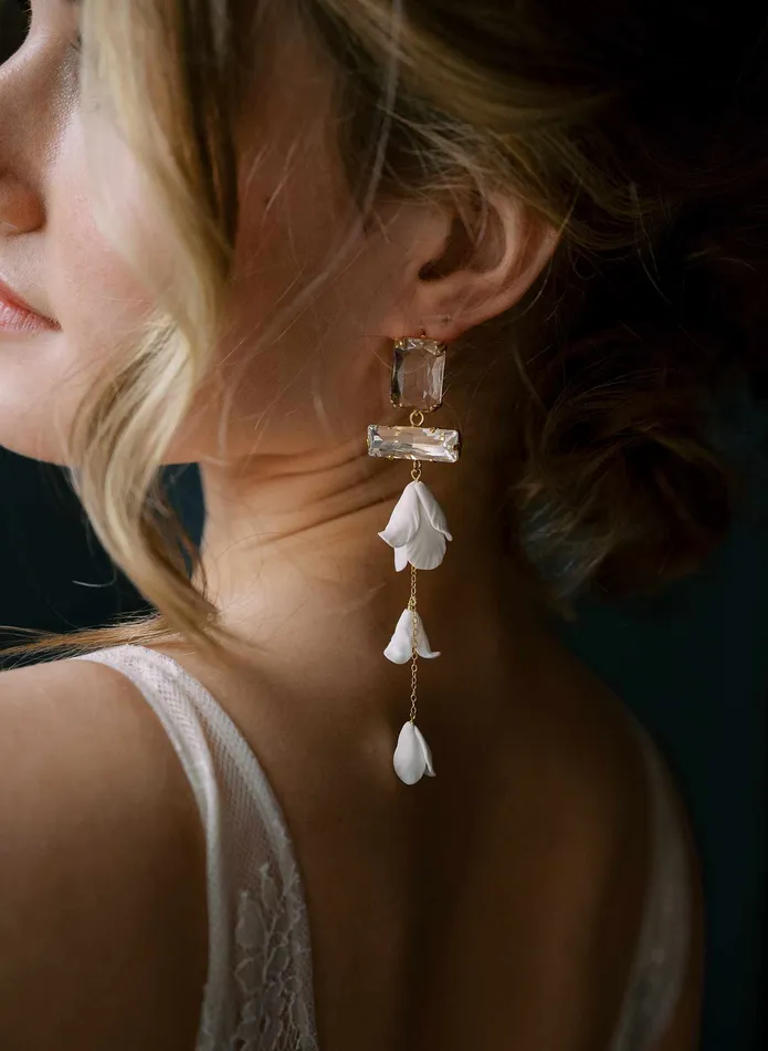 twigs honey Baguette crystal and flower earrings long Style 2566 Earrings
