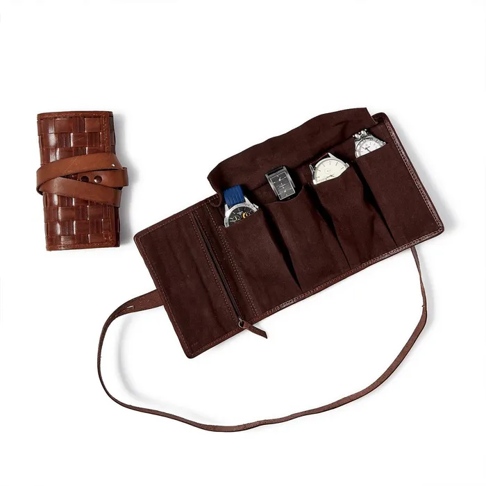 Twos Company Chestnut Woven Leather Watch Roll w 3 Compartments Zipper Pocket Assorted 2 Patterns Twos Company Watches Twos Company Chestnut Woven Leather Watch Roll w 3 Compartments Zipper Pocket Assorted 2 Patterns Twos Company Watches