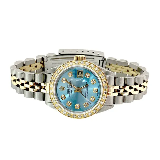 Watches GB Blue Diamond Dial Bezel Rolex Ladies Watch Date Just Ss Gold