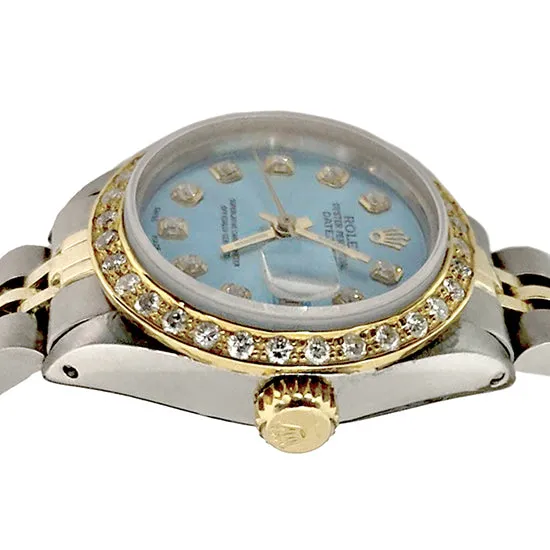 Watches GB Blue Diamond Dial Bezel Rolex Ladies Watch Date Just Ss Gold